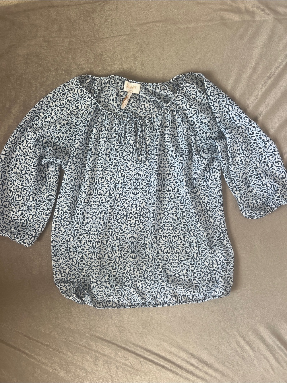 Laundry By Shelli Segal Navy and White Printed Peasant Blouse